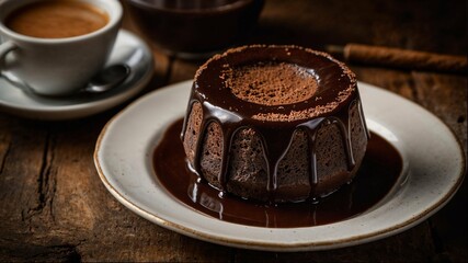 A chocolate dessert sits on a white plate with a drizzle of chocolate sauce