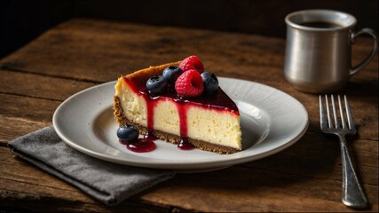 A slice of cheesecake with blueberry sauce and raspberries on top