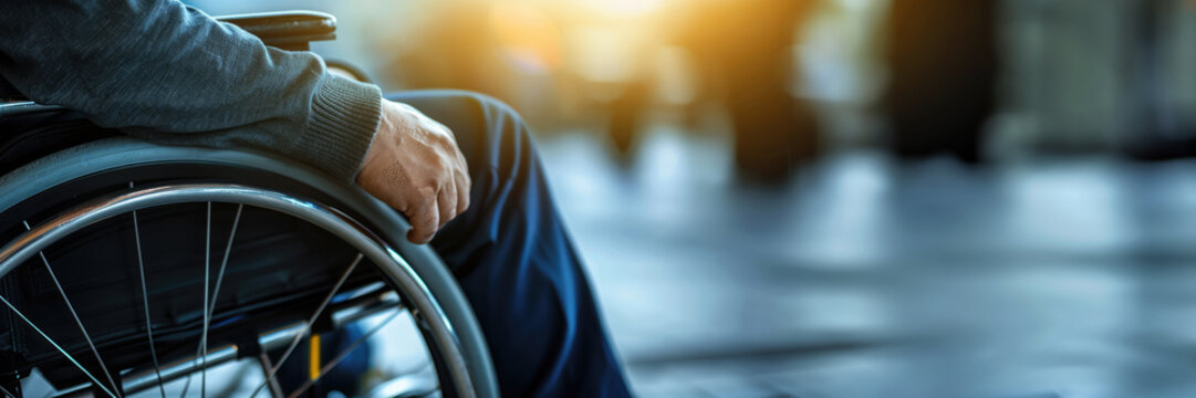 man in wheelchair with physical disability mobility disorder. concept of disability inclusion, insurance, equipment accessibility. banner with copy space