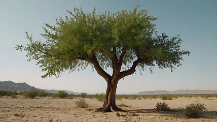 Obraz premium Fantasy landscape of of climate desert with a single huge tropical tree in the middle of sands, opposition, nature and environment concept