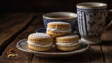 Three Argentine alfajores with powdered sugar on top sit on a plate next to a cup of tea