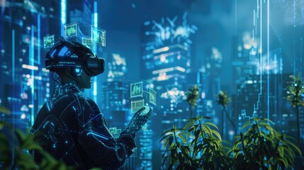 Business strategy session using Metaverse platforms and AI chatbot, focusing on global financial trends and investment opportunities