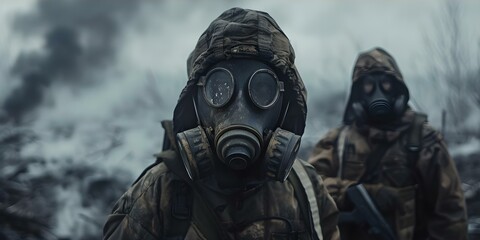 Fototapeta premium Soldiers in gas masks stand ready for combat in smokefilled environment. Concept Military, Combat, Gas Masks, Smoke, Soldiers