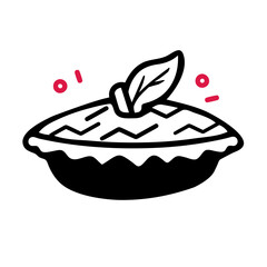 illustration of a pie with a leaf on top, surrounded by red dots