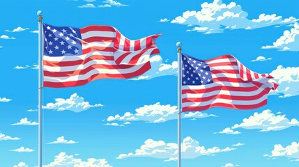 Obraz premium Illustration of an American flag flying against a blue sky background. Ai generated image
