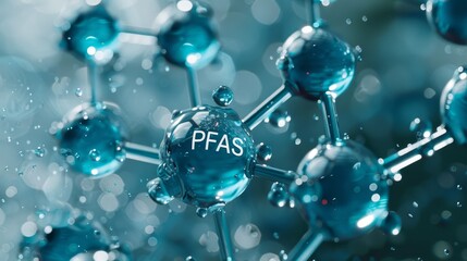 PFAS warning on chemical molecule structure, pollution and health risks symbol, blue green background, banner