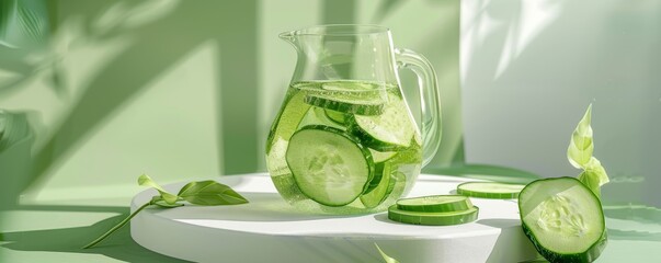 Obraz premium Fresh Cucumber Water in Clear Pitcher on Modern White Podium, Soft Green Tones