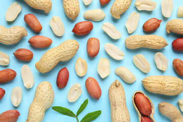 Fresh peanuts on light blue background, flat lay
