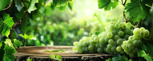 Fresh Dew-Kissed Grapes on Vine, Sunlight Filtering Through Leaves