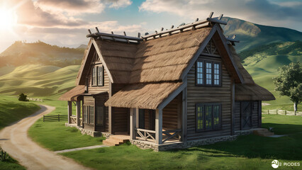 Obraz premium Wooden rural house model, beautiful country house