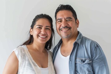 Portrait of a cheerful latino couple in their 30s dressed in a breathable mesh vest while standing against minimalist or empty room background