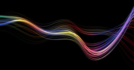 Abstract winding lines of different colors on a black background. Vector illustration in concept technology, science, music, modernity.