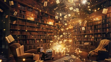 Enchanting library room with bookshelves filled to the brim,books mysteriously floating in the air,and a cozy,warm ambiance created by the soft lighting and comfortable armchairs.