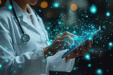 health care business graph data and growth, Medical examination and doctor analyzing medical report network connection on tablet screen in hospital