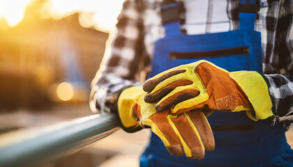 contractor's hand putting on construction safety gloves, symbolizing readiness, safety, and professionalism. The macro focus highlights the importance of protective gear in the workplace