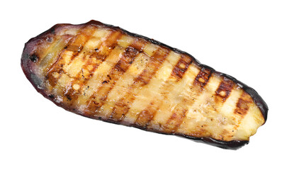 One slice of tasty grilled eggplant isolated on white, top view
