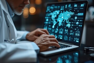 Health Insurance, telemedicine, virtual hospital, family medicine concept Doctor using laptop computer with health care icons, medical technology background, health insurance business