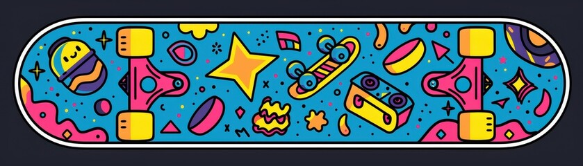 Simplified outline of a skateboard with 80s style decorations