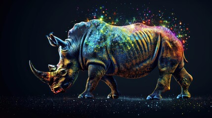 Obraz premium Visualize the beauty of biodiversity with a captivating stock photo featuring an abstract rhinoceros depicted in colorful pointillism, symbolizing the richness and diversity of life on Earth.