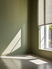 Faint shadows on the olive wall and floor in an empty room 