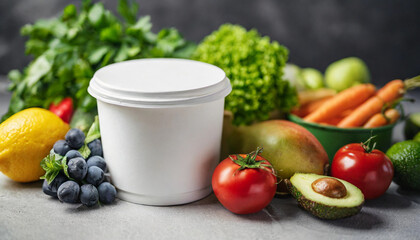  takeaway food container with fresh vegetables and fruits, offering ample space for branding or logos. Ideal for promoting healthy eating, sustainable packaging, and food delivery services