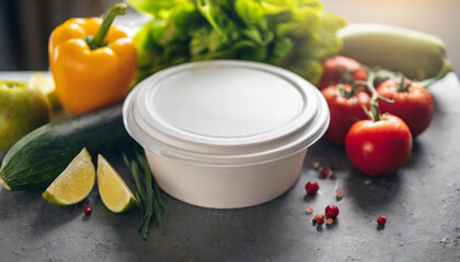  takeaway food container with fresh vegetables and fruits, offering ample space for branding or logos. Ideal for promoting healthy eating, sustainable packaging, and food delivery services