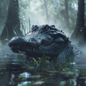(Style zbrush,vfx,cinematic) A Zbrush created cinematic scene of an alligator emerging from a misty swamp--ar 7:2