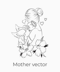 Handdrawn line art style mom and baby illustration art.