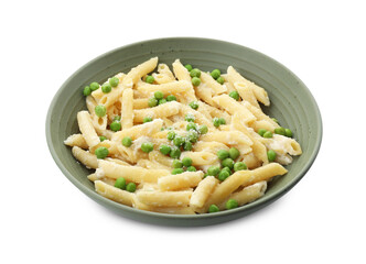 Delicious pasta with green peas and cheese in bowl isolated on white