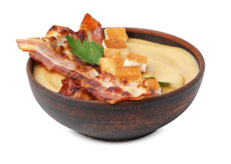 Delicious lentil soup with bacon and parsley in bowl isolated on white
