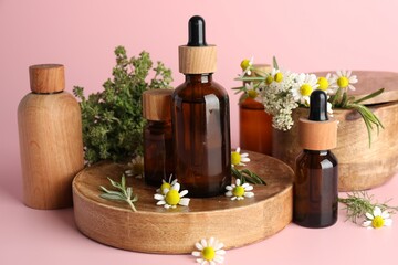 Aromatherapy. Different essential oils and flowers on pink background