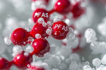 Chemical structure molecule with sign PFAS close up, pollution and health risks symbol, banner
