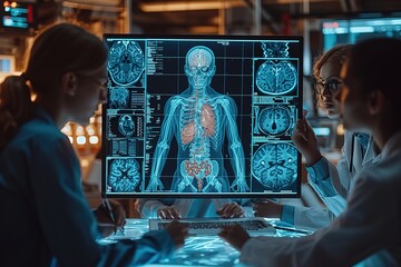 Laptop, team work or doctors in meeting with 3d holographic overlay for anatomy research in hospital Data analysis, ai or medical healthcare workers working together to help science development