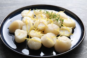 Raw scallops with thyme and lemon zest on grey table, closeup