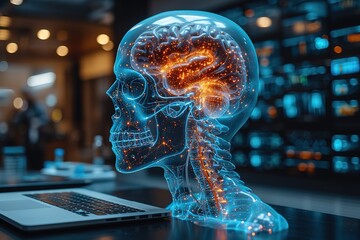 Laptop, team work or doctors in meeting with 3d holographic overlay for anatomy research in hospital Data analysis, ai or medical healthcare workers working together to help science development