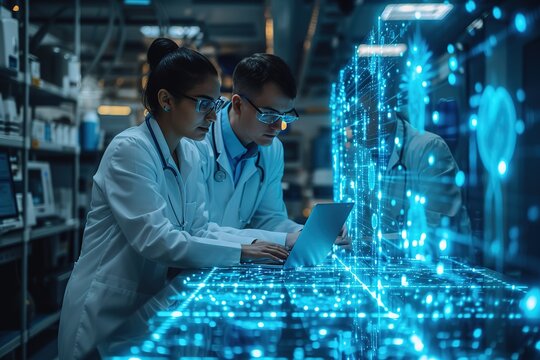 Laptop, team work or doctors in meeting with 3d holographic overlay for anatomy research in hospital Data analysis, ai or medical healthcare workers working together to help science development