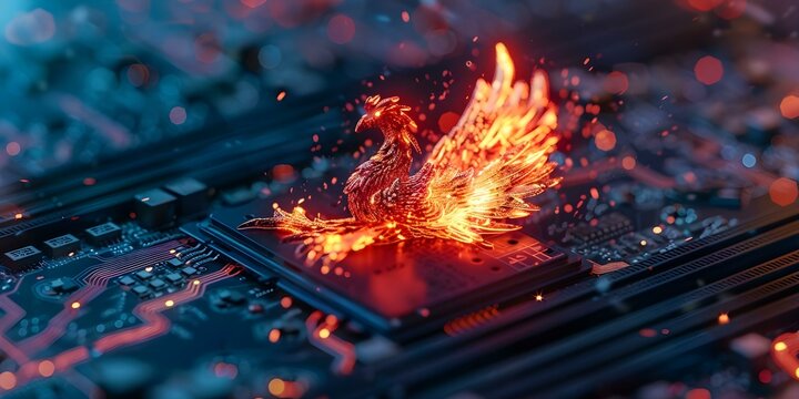 Data recovery after a digital disaster rising like a phoenix from server ashes. Concept Data Recovery, Digital Disaster, Server Failure, Rising from Ashes, Phoenix Resurgence