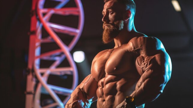 A muscular man stands with his arms flexed, showing off his physique. He is posing in front of a large DNA double helix model, which is illuminated in red and blue lights. - Powered by Adobe