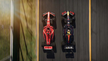 Fototapeta premium Ferrari and Red Bull F1 Cars 3D illustration, 11 jun, 2024, Sao Paulo, Brazil.