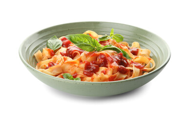 Delicious pasta with tomato sauce and basil in bowl isolated on white