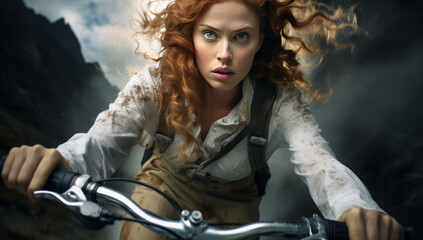 Obraz premium the beautiful woman riding a mountain bike in a mountain