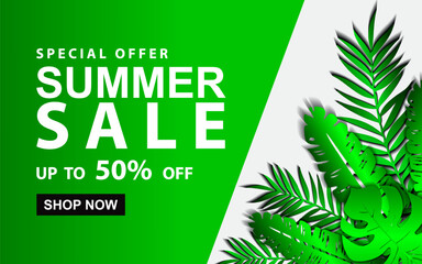 Summer Sale Banner with tropical leaves. vector illustration EPS 10.