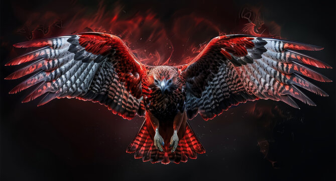 A red hawk with wings spread wide, predominantly red and black colors only. Generative AI.