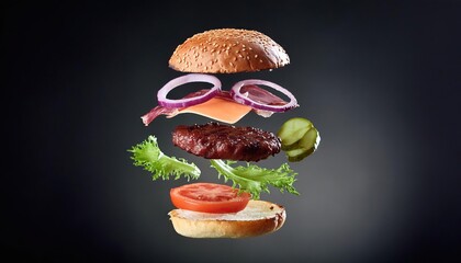 Floating burger isolated on black background. Ingredients of a delicious burger