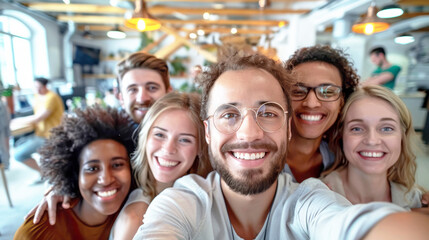 Fototapeta premium Diverse group of friends smiles brightly while taking a selfie in an office setting