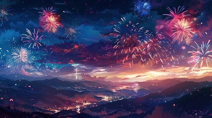 Capture the excitement of a festive occasion with a dynamic stock photo showcasing a landscape illustration illuminated by an array of colorful fireworks, painting the sky with brilliance and energy. 