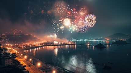 Capture the spirit of a festive occasion with a striking stock photo featuring a landscape illustration transformed by the beauty of fireworks, filling the night sky with bursts of vibrant color.