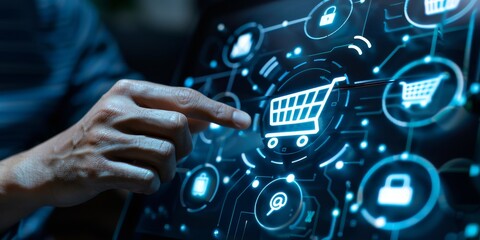 Fototapeta premium Blue neon shopping cart icon on digital screen and finger touching it. Online shopping concept.