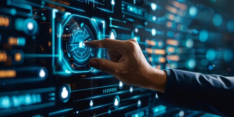 A finger presses a glowing blue button on a digital interface.