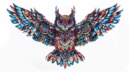 Craft an enchanting stock photo that celebrates the magic of mandala art with a vibrant owl design on a white background, expertly isolated to showcase its intricate patterns and rich colors.